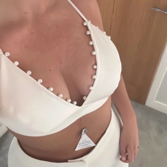 Nadine Merabi White Charlotte Embellished pearl bralette